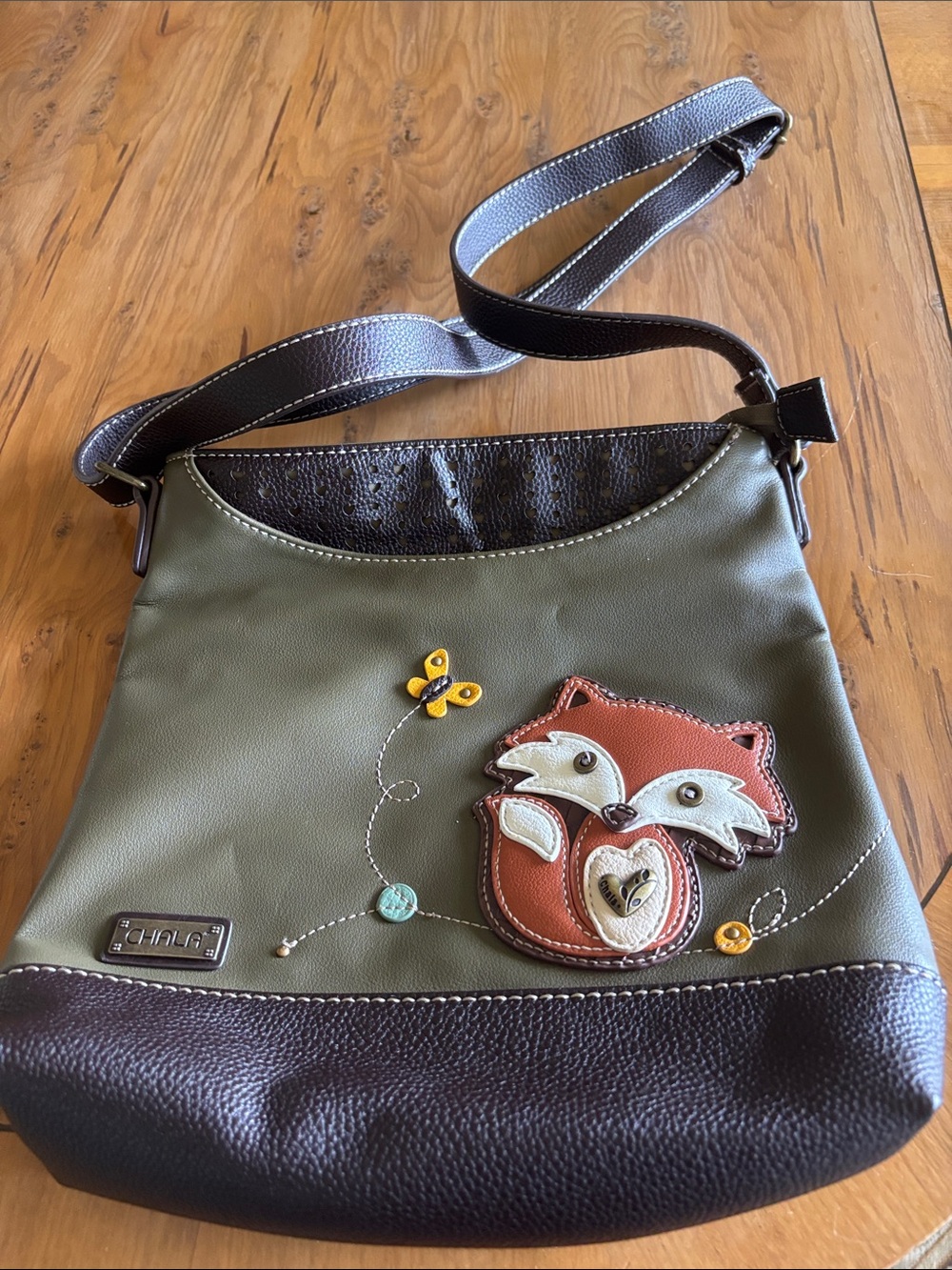 Chala Olive Green Crossbody
Messenger Bag with Fox Appliqué
